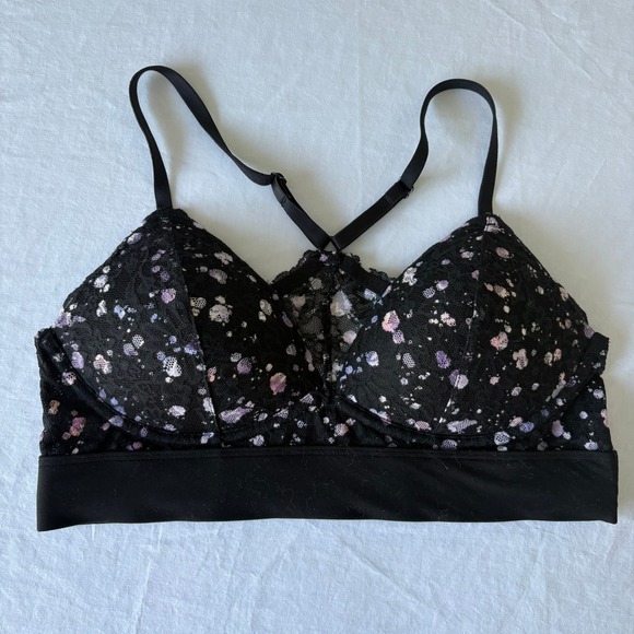 PINK Victoria's Secret Other - Victoria's Secret PINK Lace Bralette Black Floral Splatter Lightly Lined Medium